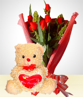 Da de San Valentn - Combo Romance: Bouquet de 6 rosas +Peluche