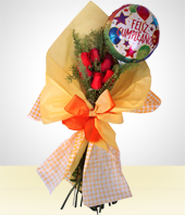 Globos - Detalle de Cumpleaos: Bouquet 6 Rosas con Globo Feliz Cumpleaos