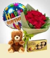 Aniversarios - Combo de Cumpleaos: Bouquet 12 Rosas, Oso, Chocolates, Globo Feliz Cumpleaos