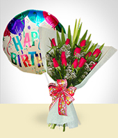 Nacimientos - Combo de Cumpleaos: Bouquet de 12 Rosas + Globo Feliz Cumpleaos