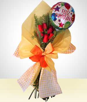 Flores a Mxico Detalle de Cumpleaos: Bouquet 6 Rosas con Globo Feliz Cumpleaos