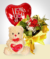 Día de San Valentín - Combo Ternura: Bouquet de 6 rosas + Globo +Peluche