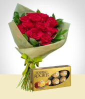 - Combo Tradición: 12 Rosas + Chocolates Ferrero Rocher