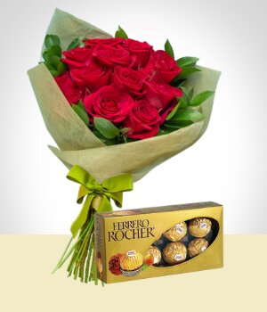 Flores a  Combo Tradicin: 12 Rosas + Chocolates Ferrero Rocher