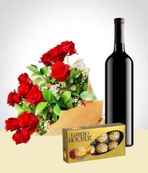 Flores a Mxico Combo Elegancia: Bouquet de 12 Rosas + Vino + Chocolates