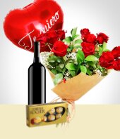 Pasteles y Chocolates - Combo Inspiración: Bouquet de 12 Rosas + Globo + Vino + Chocolates